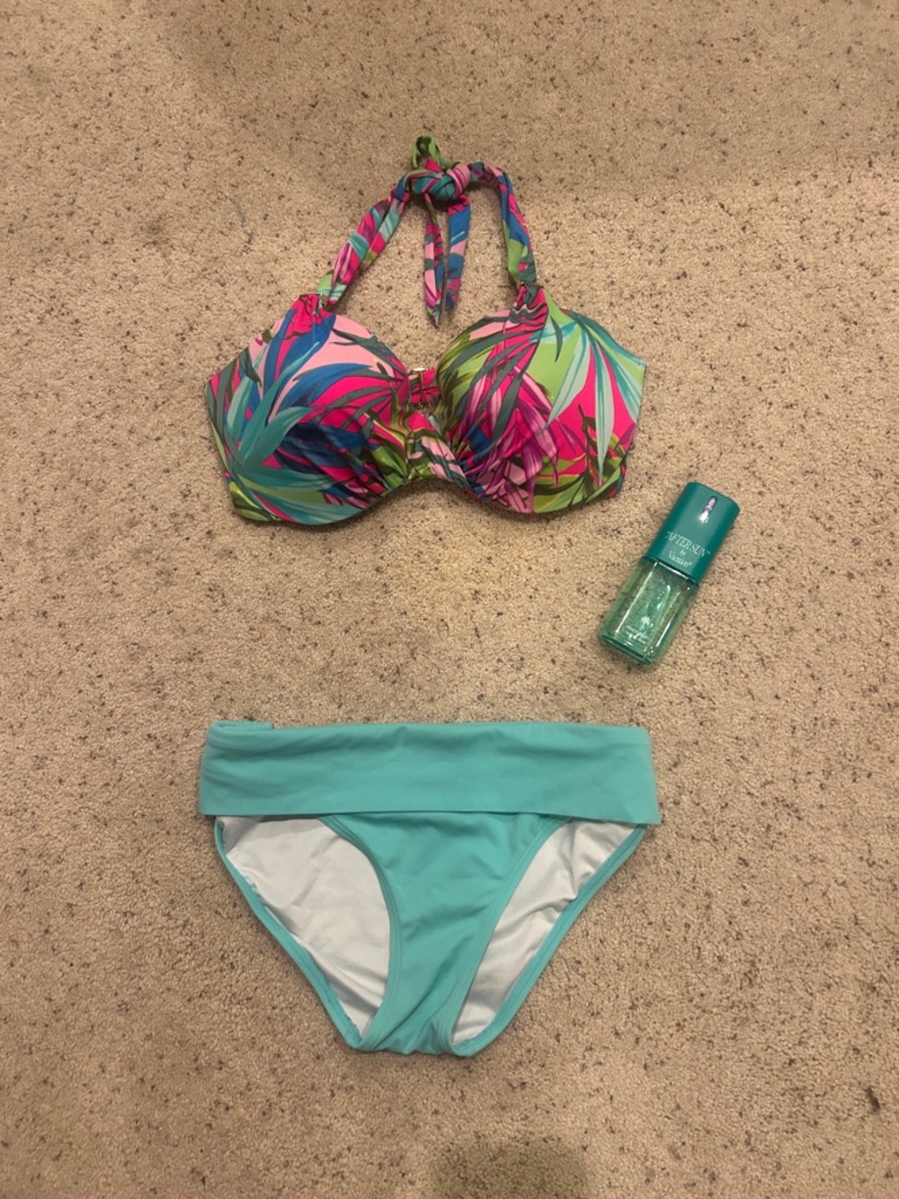 Victorias Secret Swim Tropical Print Halter Bikini with Aqua Fold-Over Bottom